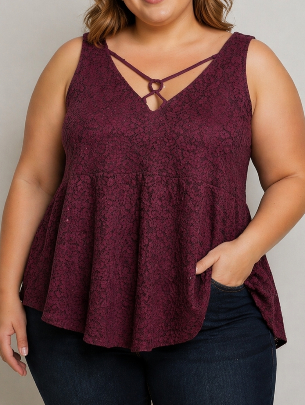 Love & Legend Deep Red Lace Peplum Tank Top Plus Size Boho Romantic Babydoll